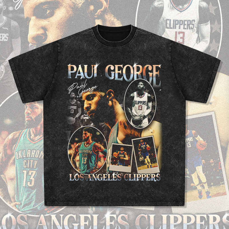 Paul George American Star camiseta hip-hop de la calle impresión retro hacer viejos lavado pesado cuello redondo mangas cortas