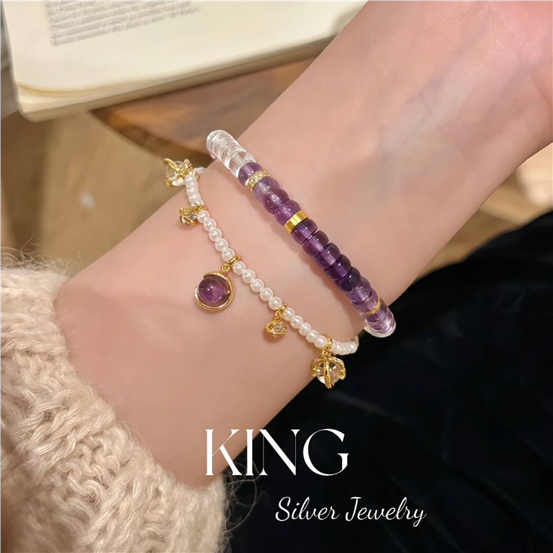 来自星星的你 | S925银镀金施家珍珠紫水晶复古时尚纯银手链项链|undefined