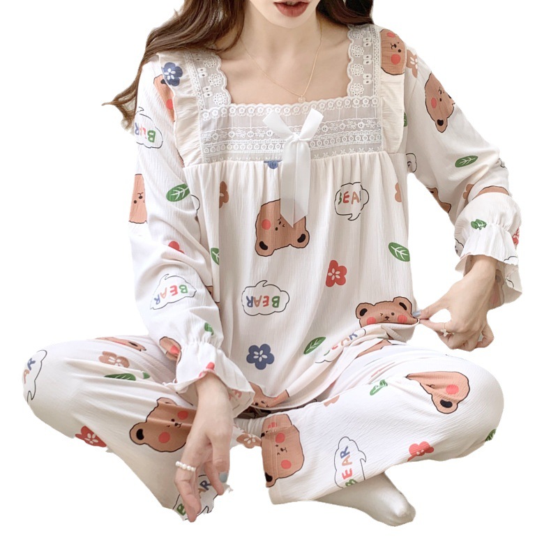 Estilo coreano japonés dulce ins primavera y otoño pijamas de las mujeres algodón manga larga traje más tamaño 240kg portátil homewear