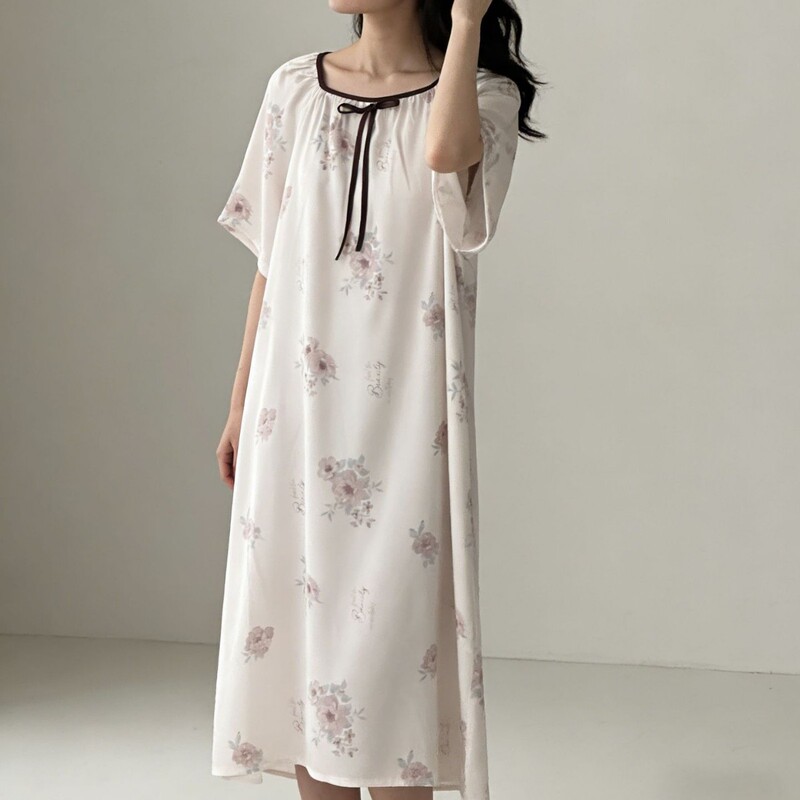 Nightgown Ice Silk Cute Sweet Style Summer Cool Nightgown Women's Large Size Loose Bowknot Babydoll Dress
