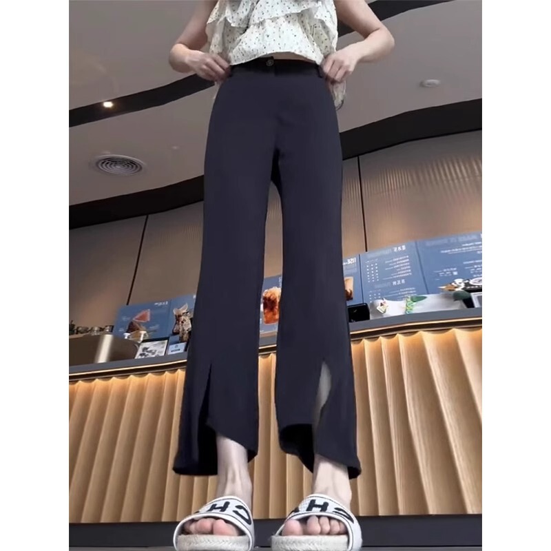 夏用女性用ブラックアイスシルクスリットマイクロフレアパンツ、大きいサイズ、スリム、不規則、カジュアル、薄手、通気性のあるスーツ9点パンツ|undefined