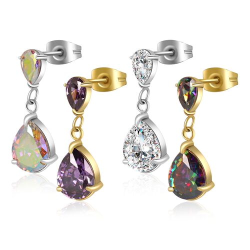 European and American super flash titanium steel AAA grade zircon earrings two water drop butterfly buckle zircon earrings cross-border earrings wholesale