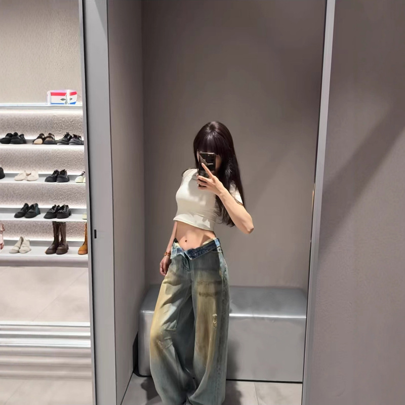 Sk Cross Wild Origin Wide-Leg Jeans Hand-Washed Distressed Straight-Leg Hot Girl Pants