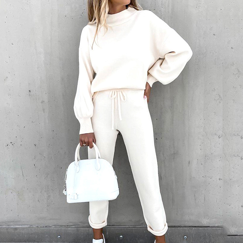 9699#2021 autumn and winter women's sweater suit Amazon AliExpress turtleneck casual solid color trousers two-piece set