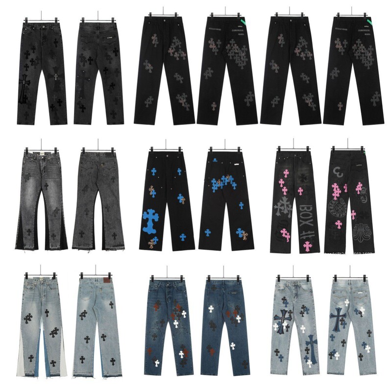 Trendy Brand Foreign Trade High Street Embroidered Straight-Leg Patchwork Cross Loose New Style Jeans Unisex Washed Pants Trendy Brand Foreign Trade High Street Embroidered Straight-Leg Patchwork Cross Loose New Style Jeans Unisex Washed Pants
