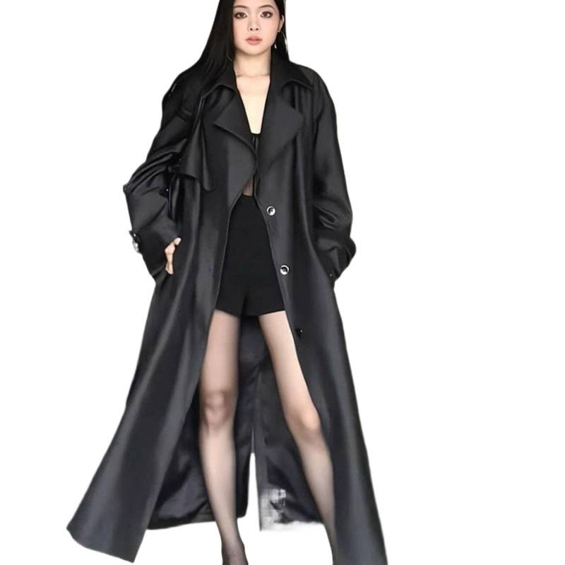 Slightly plump, large size 300 pounds, high-end and fashionable windbreaker for women, mid-length leather jacket for autumn and winter, 240 pounds