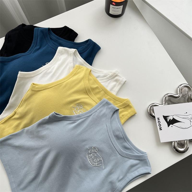 Spicy Girl Korean Version Pure Cotton Embroidered Letter Backless Vest With Chest Pad Anti-Exposure Short Top For Women_ecoleips.com