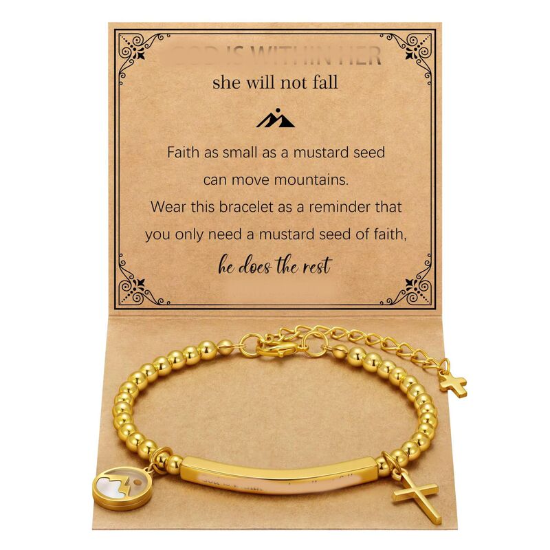 Stainless Steel Curved Tube Bracelet with 4mm Gold Beads, Engraved Curved Tube, Watercress Seed Pendant Bracelet, Gold Bead Cross Bracelet Stainless Steel Curved Tube Bracelet with 4mm Gold Beads, Engraved Curved Tube, Watercress Seed Pendant Bracelet, Gold Bead Cross Bracelet