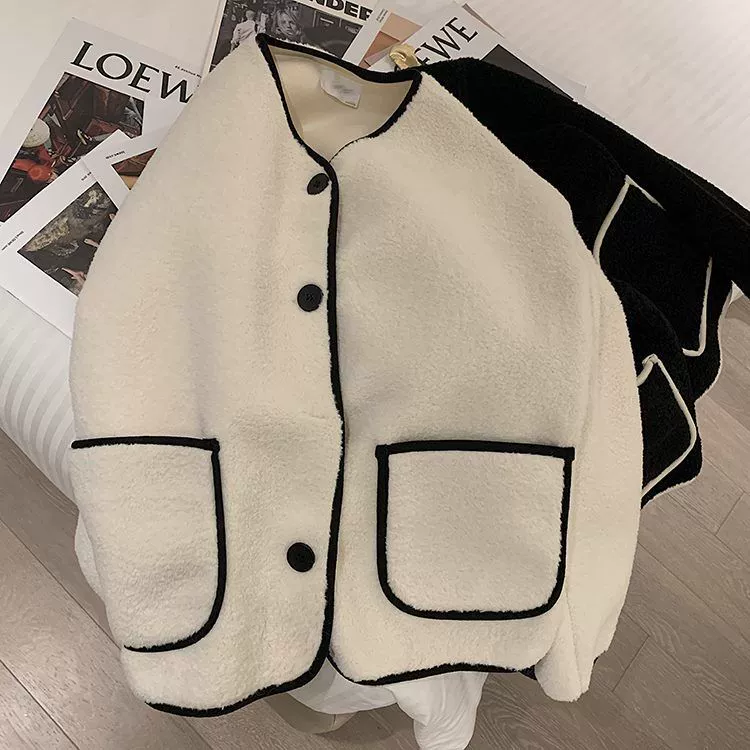 Демисезонная бархатная куртка, корейский oversize с круглым воротом, утолщенная, хаки/черный/бежевый