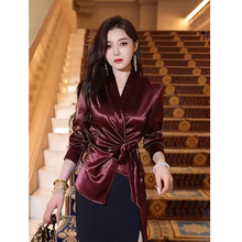 2025秋季新款法式欧货不规则下摆御姐风系带收腰显瘦V领洋气衬衫