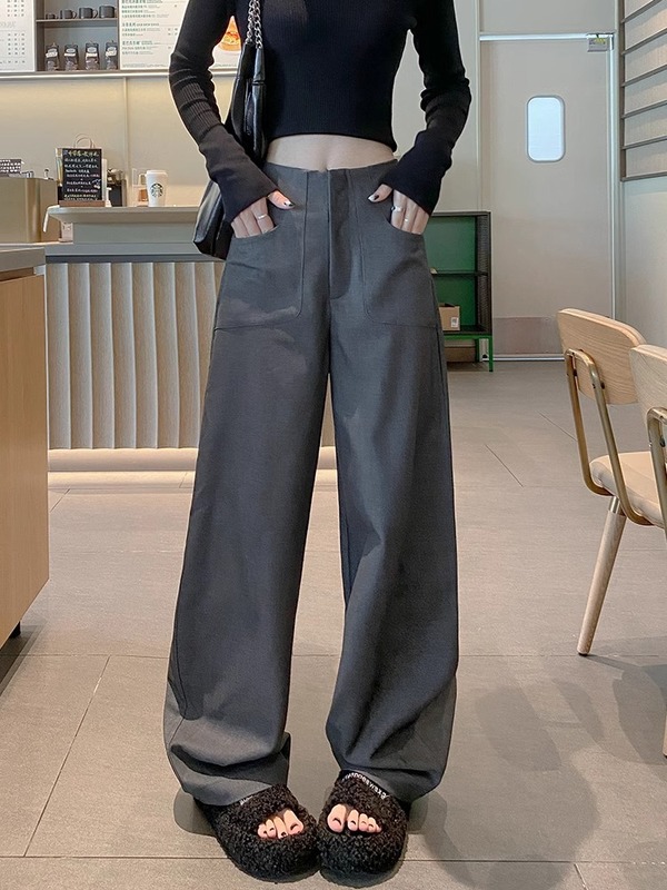 灰色高级感西装裤女春夏高腰垂感阔腿裤休闲显瘦拖地裤窄版直筒裤|undefined