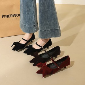 2388-H106 European and American style fashionable Xishi velvet pointed toe shallow mouth large bow straight buckle strap