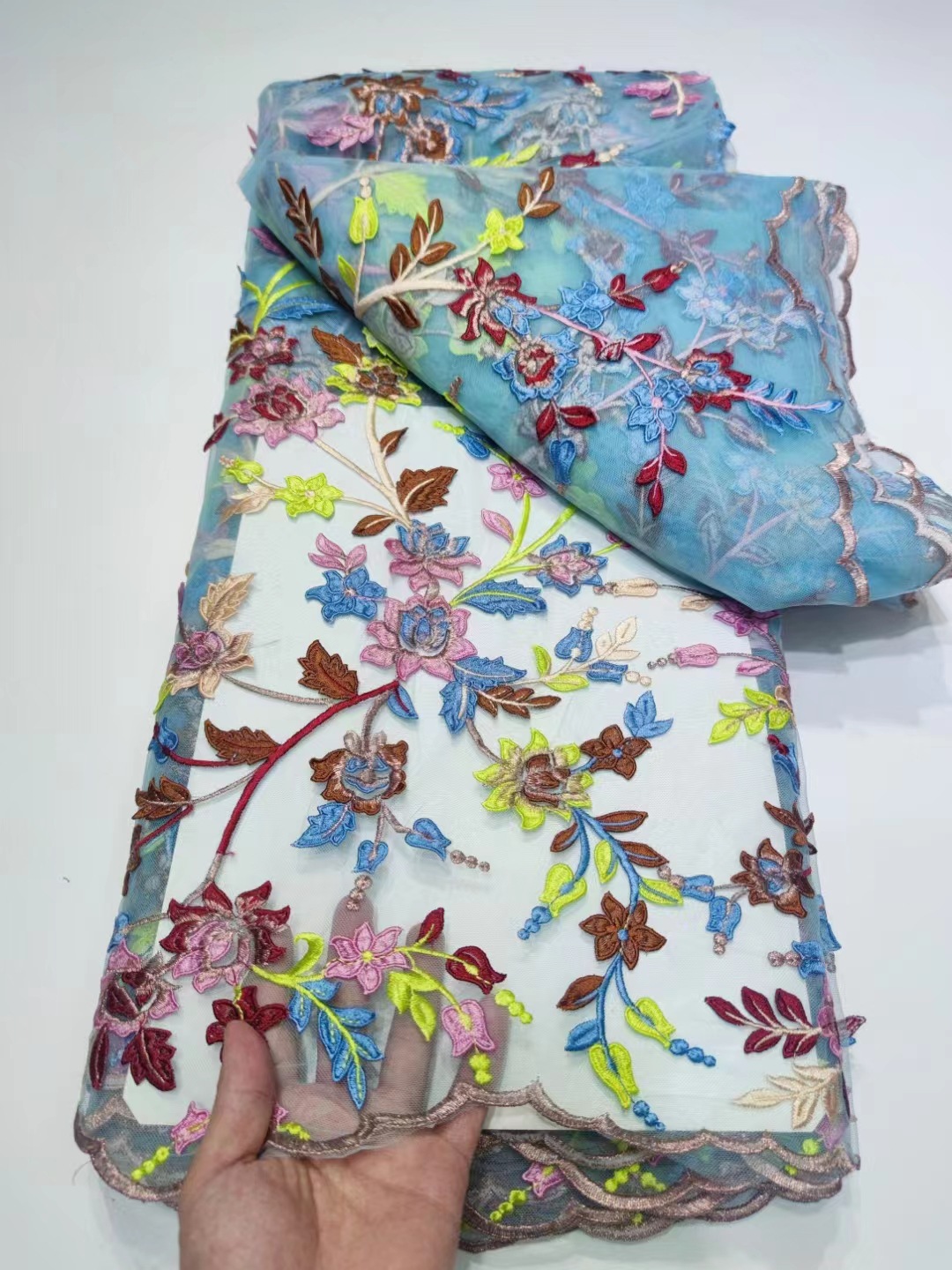 网纱水溶旗袍绣花面料刺绣3D立体花蕾丝连衣裙服装婚纱lace fabri