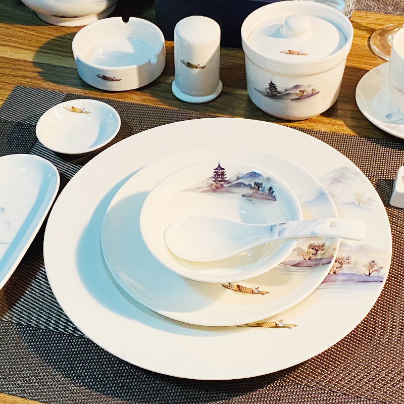 New Chinese-Style Restaurant Tableware Set Ceramic High-Temperature Resistant Wing Bowl Bone Plate Restaurant Serving Bowl Chopsticks Four-Piece Set