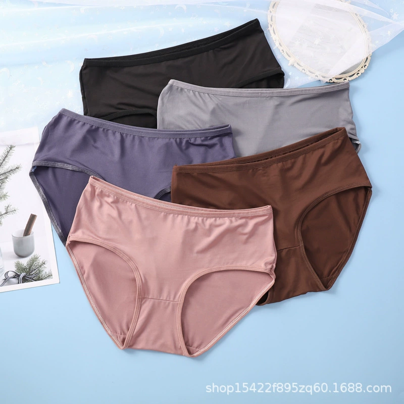 Трансграничное мягкое молочное шелковое женское нижнее белье со средней талией для девочек, сексуальные эластичные однотонные трусы больших размеров