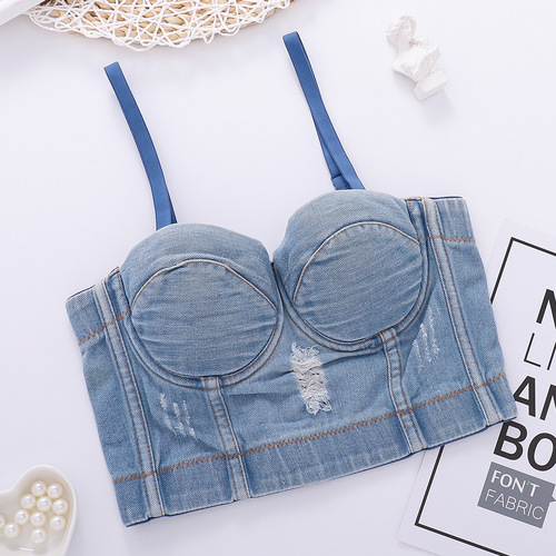 European and American ripped denim camisole short sexy midriff-baring fishbone tube top bra-free DJ hot girl top