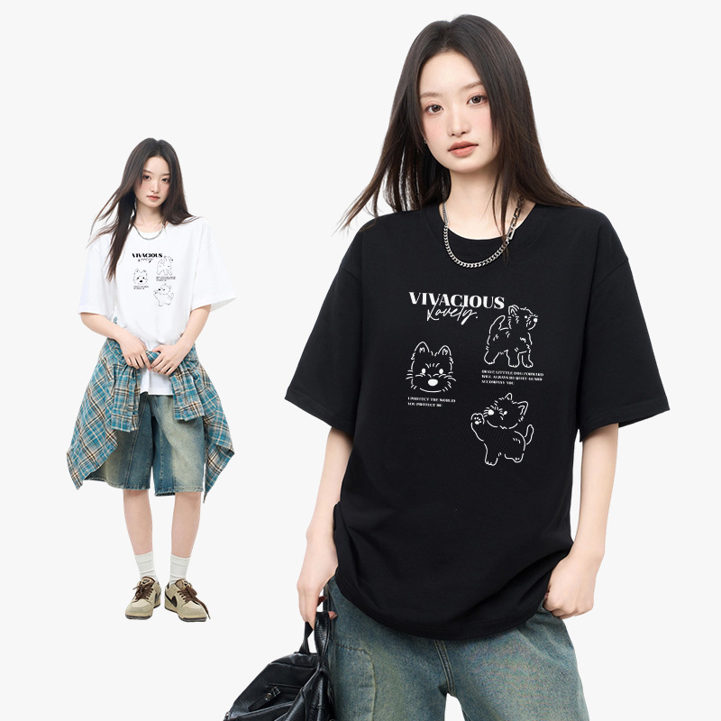 精梳棉230g小狗印花短袖女t恤衫夏季新款ins小众趣味简约宽松白t