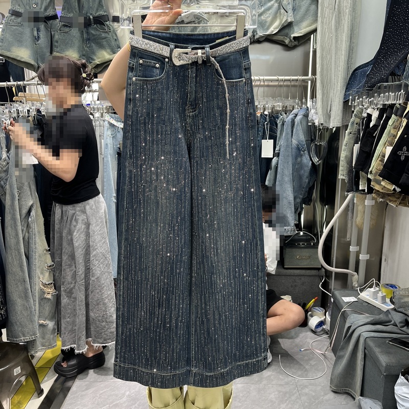 欧洲站重工烫钻拖地牛仔裤女潮2025秋季新款高腰显瘦百搭阔腿长裤|undefined