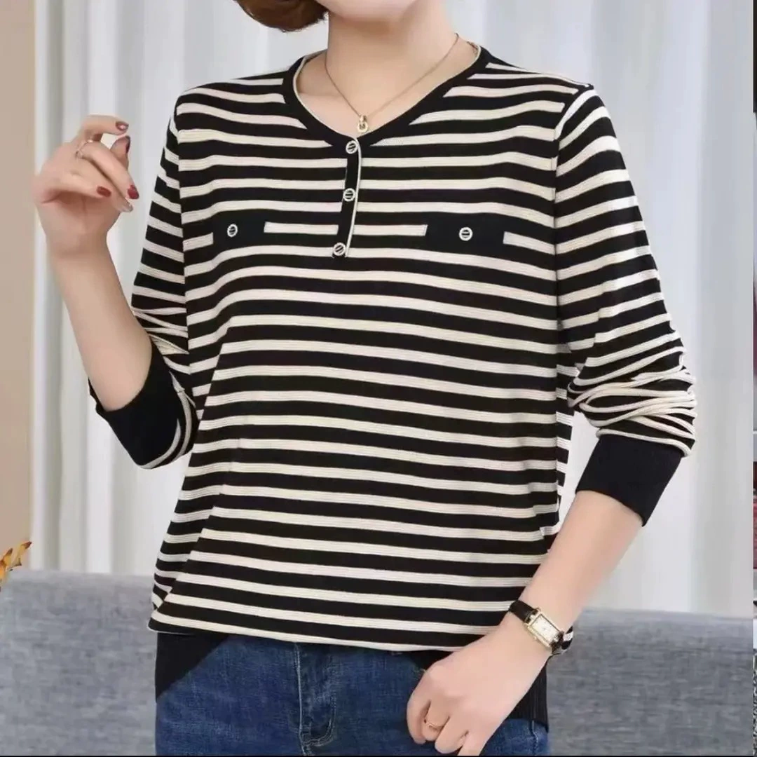 Новая женская весна и осень в полоску с V-образным вырезом блузка свободная и удобная дикая иностранная девушка носит нижнюю рубашку корейского тренда