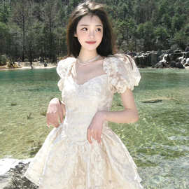 法式复古设计感a字裙女2024夏季甜美收腰显瘦短袖连衣裙批发方领