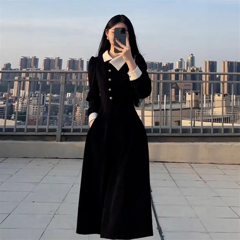 新中式国风2025新款法式黑色连衣裙女早秋冬季穿搭小个子收腰长裙|undefined