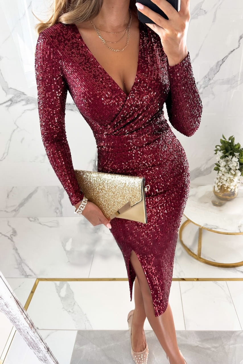 Femmes Robe De Fête Style Classique Col En V Paillettes Fente Fermeture Éclair Manche Longue Couleur Unie Au Genou Fête Cocktail Party display picture 9