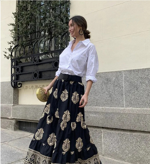 Bohemian Style Women's Spring And Summer High-waisted Printed A-line Skirt, Casual Beach Vacation Floral Long Skirt_ecoleips.com