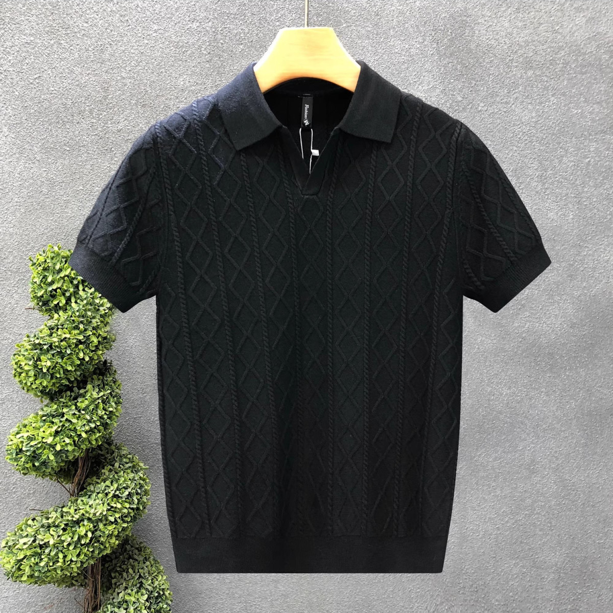 Men's Clothing Plus Size Men's Shirt Style Short Sleeved V Neck Business Collar Cable Knit T-Shirt For Formal & Casual_voghion.com