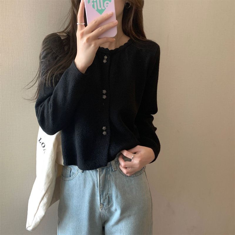 配裙子小个子温柔甜美风短款花边圆领长袖针织衫毛衣开衫外套外穿|undefined