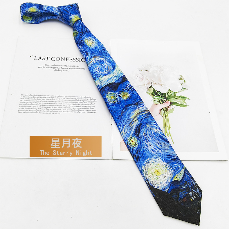 Van Gogh Pintura al óleo Hombre Impresión de seda de poliéster Corbata retro Fabricante Spot Moda Casual Corbata Mano 8cm
