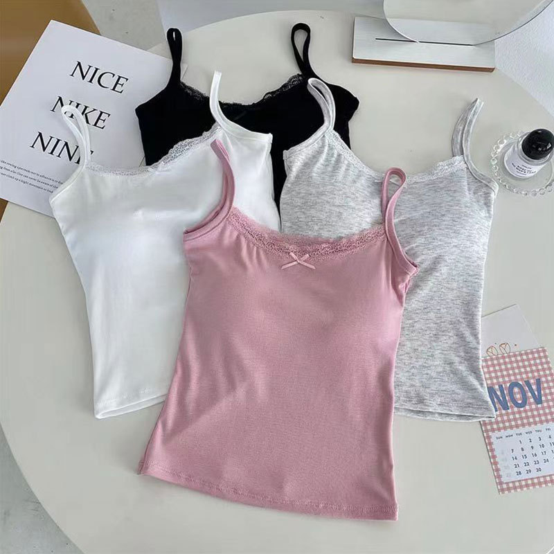 Summer New Bow Lace Sling Beautiful Vest Girl Sexy Outer Wear with Chest Pad Base Long Underwear