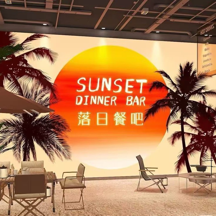 Red puesta de sol semicircular caja de luz personalizada bar barbecue tienda de tarjeta perforada pared de fondo puesta de sol atmósfera LED