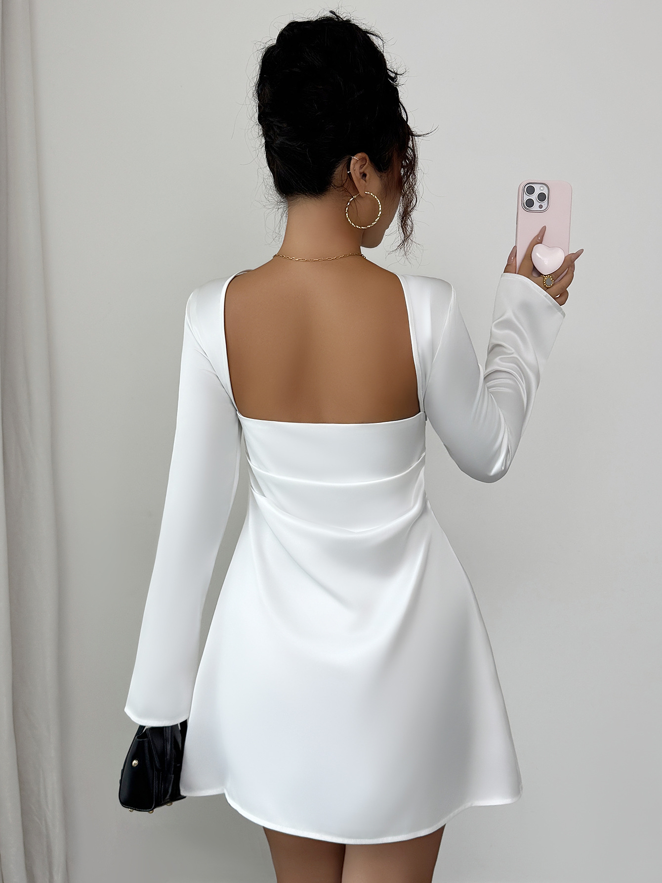 Elegant Backless Long Sleeve Party Dress For Women – Bodycon Mini Dress With Round Neck, Comfortable Polyester Fabric Versatile For Evening Events_ecoleips.com