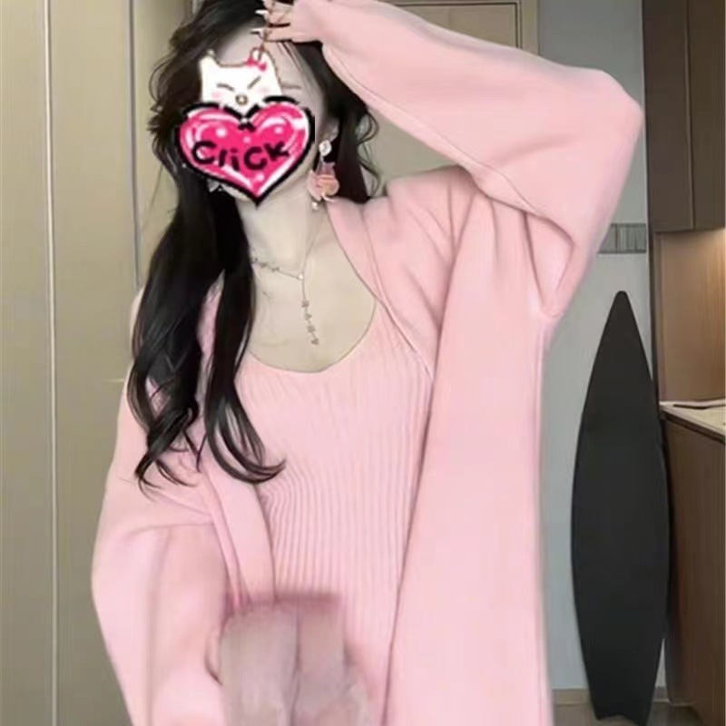 一整套早秋穿搭针织开衫外套秋冬吊带背心裙毛衣裙两件套装连衣裙|undefined