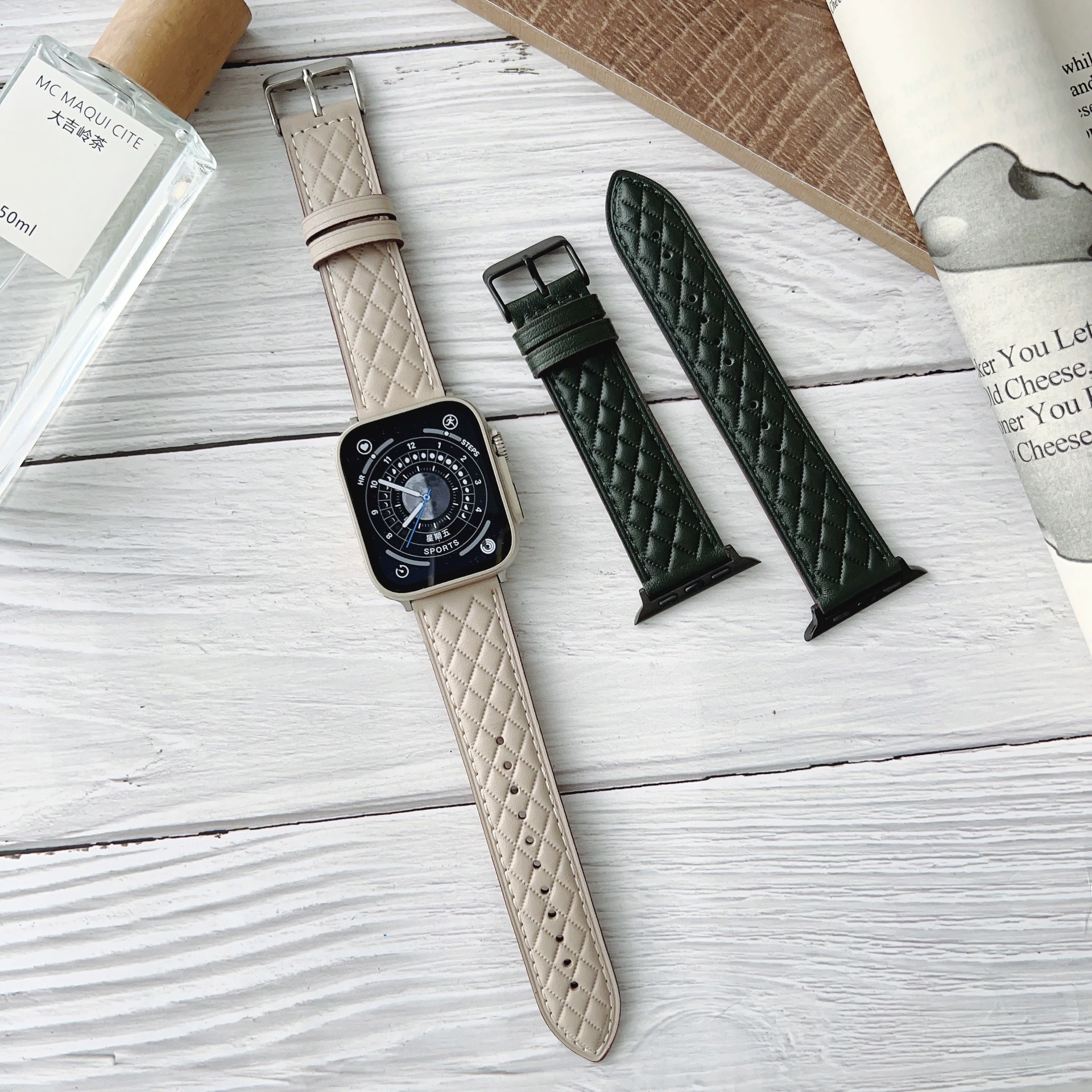 Подходит для Applewatch7 заголовок кожаный ремешок, маленький благовоний ветер ромб Apple watch iwatch1-8 поколение SE