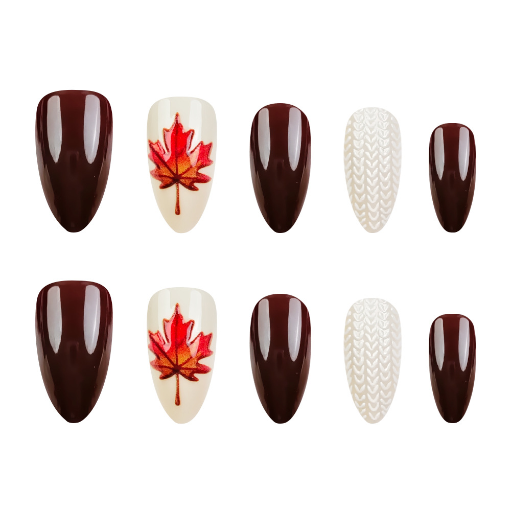 Otoño y invierno marrón oscuro hoja de arce tejido manicure 3D relieve tridimensional desgaste de uñas transfronterizas 24 piezas de parche de uñas image 6
