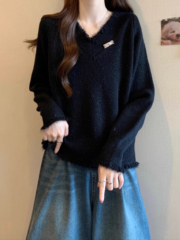 复系慵懒风韩系设计感毛衣女新款2025秋冬宽松外穿破洞针织衫|undefined