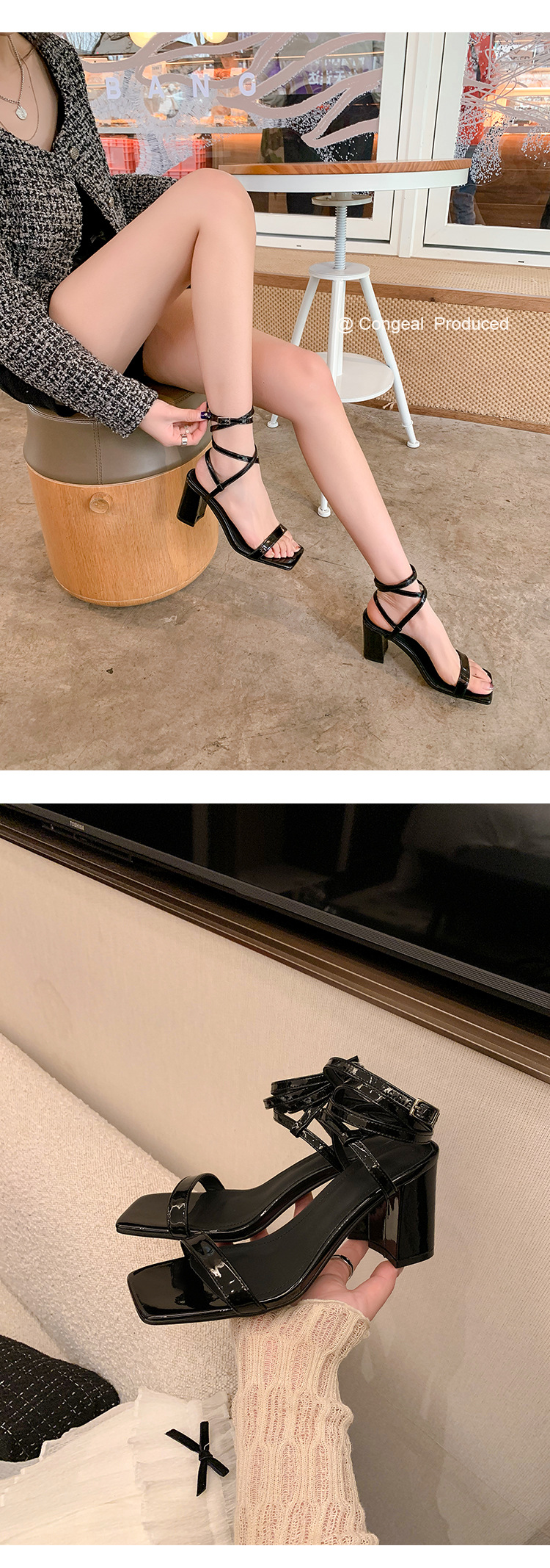 Sandal cao gót nữ hở mũi quai chân phong cách tiên nữ gót thô — Màu đen chi tiết 18