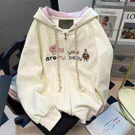 女童满天星彩点卡通刺绣连帽卫衣中大童春秋新款洋气开衫外套上衣