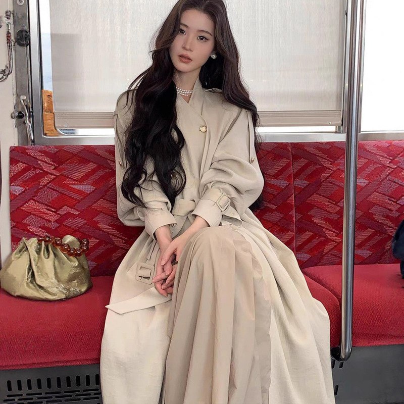 早秋穿搭巨好看风衣女2025新款高个子亚麻双排扣肩带长款大衣外套|undefined
