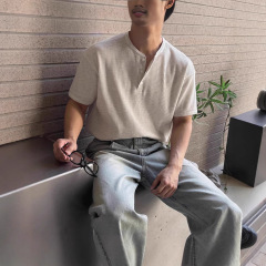 アメリカンワッフルヘンリーシャツメンズテクスチャードルーズ半袖ハーフボタンワークウェアTシャツ前立て襟ポロシャツトレンディ