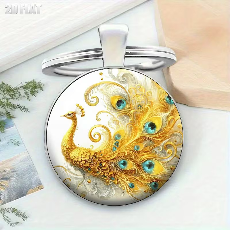 Artistic Style Golden Peacock Keychain, Gorgeous Peacock Tail Pattern Keychain, Personalized Creative Key Decoration