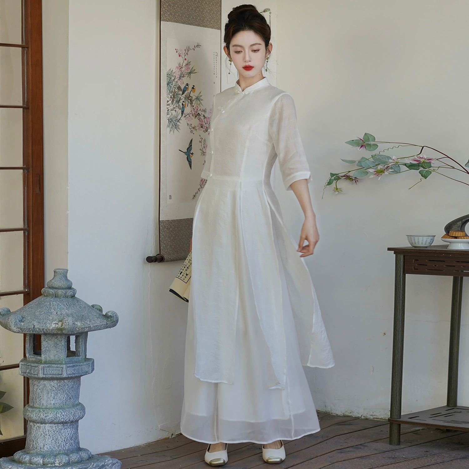 Новая женская одежда в китайском стиле, чайный костюм дзен в китайском стиле, улучшенный чонсам, ретро-платье в молодежном стиле, комплект из двух предметов с широкими брюками