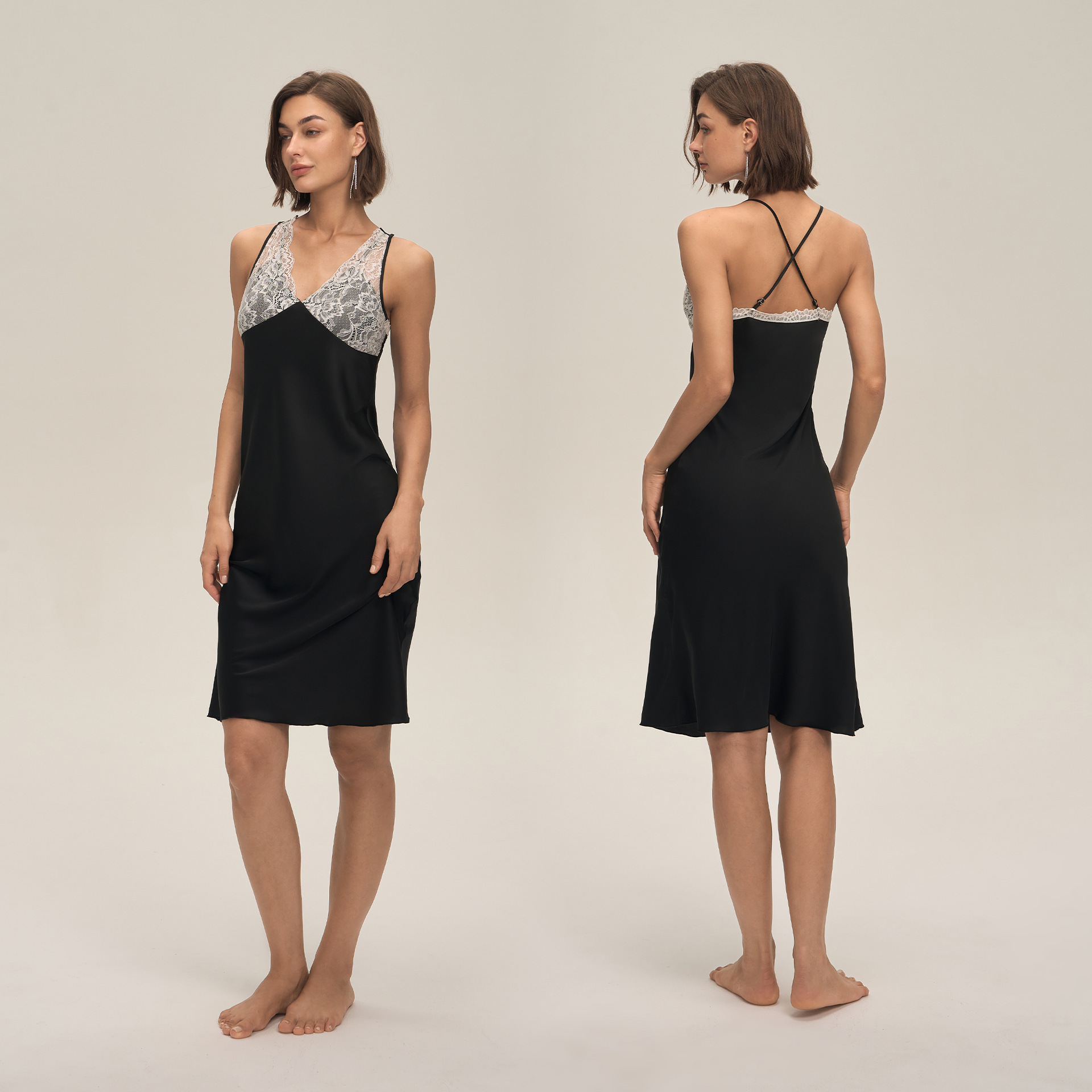 Nuevo estilo transfronterizo de encaje sexy de Europa y América, pijamas delgados de satén de chifón de color sólido, ropa para el hogar CQ3921