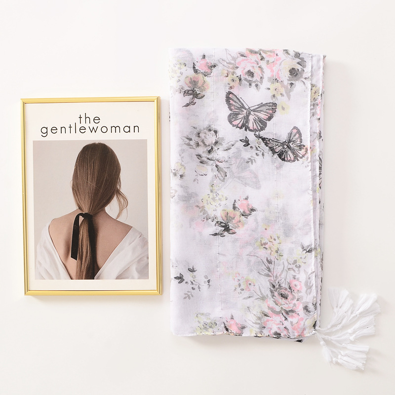 Fresca dulce flor de mariposa lentejuelas decorativo borla larga bufanda grande algodón y lino sensación bufanda protector solar chal para las mujeres