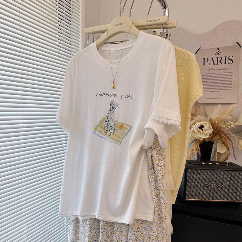 Summer Loose Large Version Cartoon T-Shirt for Women, Versatile Simple Topstitch Embroidery Lace Splicing Snowflake Cotton Short-Sleeved Top