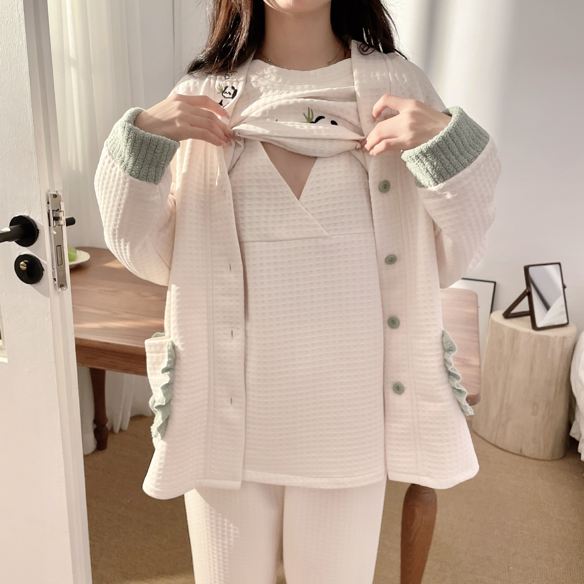 산후복 봄 가을 에어코튼 3피스 슈트 조절가능 산후수유 임산부 파자마 출산기대 및 수유중