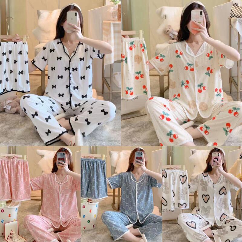 Spring and Autumn pajamas women's summer three-piece ins style short sleeve suit loose edge pull cute girl home wear pajamas