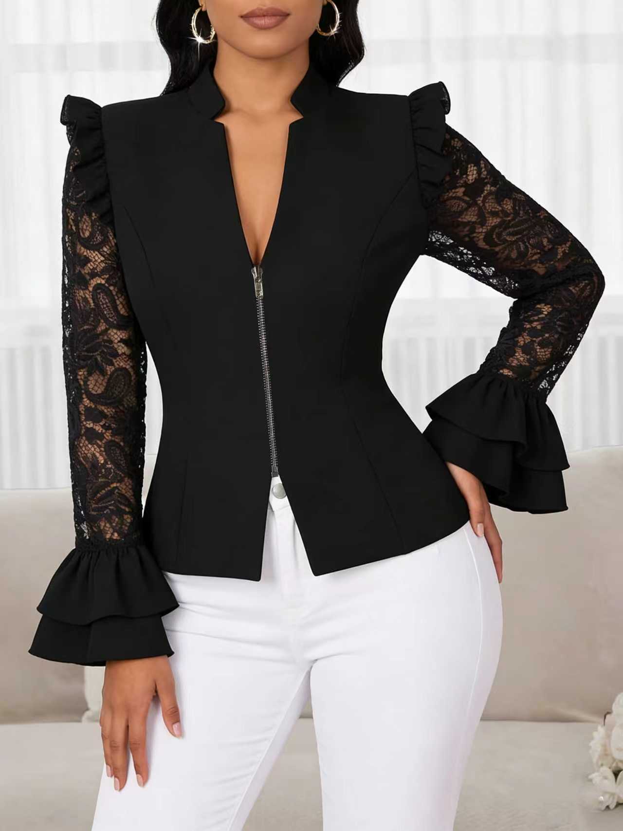 Damen V-ausschnitt Spitzenbluse Langarm Zip-up Cardigan Elegant_voghion.com