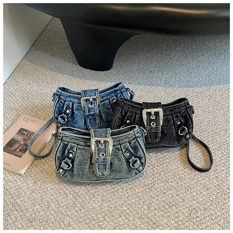 Túi đeo chéo nữ dáng hộp nhỏ kẹp nách vải denim xếp nếp phong cách Hàn Quốc — Cao bồi xanh, Màu xanh cổ điển, đen chi tiết 2